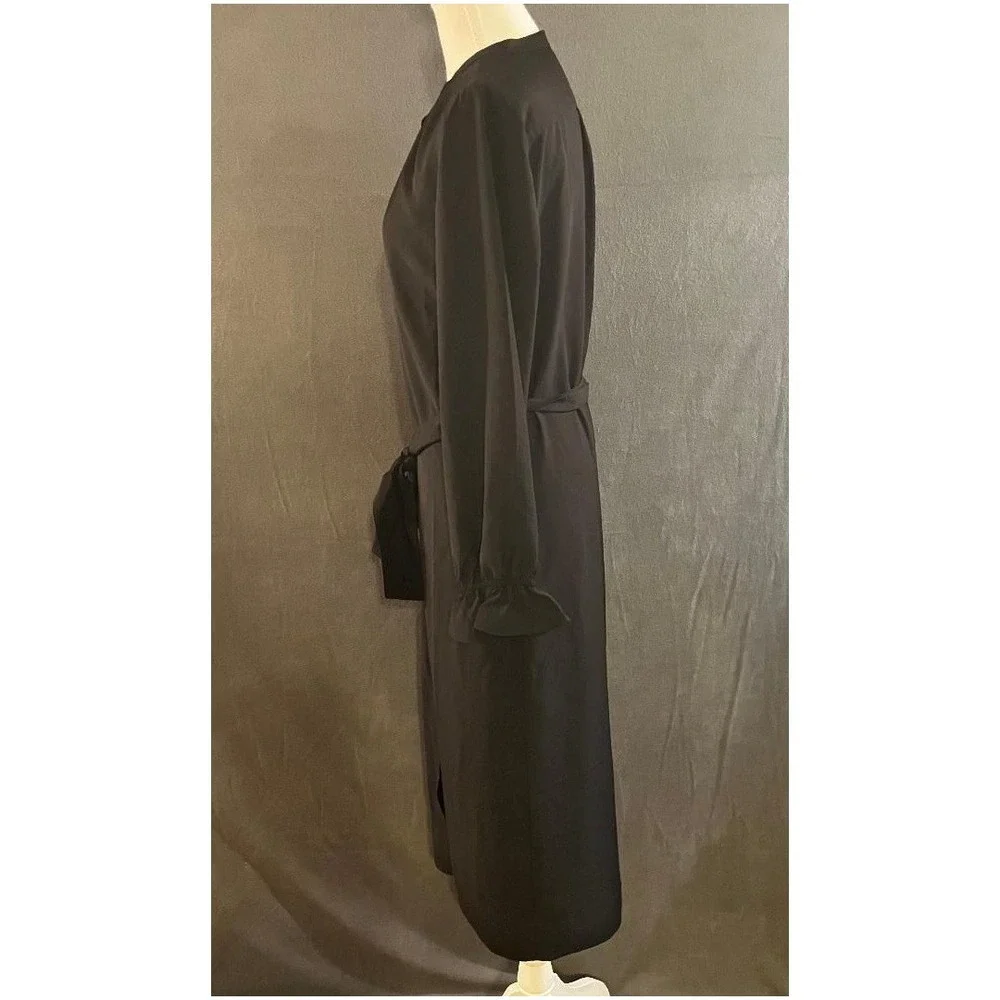 J.Crew‎ Black Button Front Midi Shirt Dress with Tie Waist and Ruffle Cuffs S